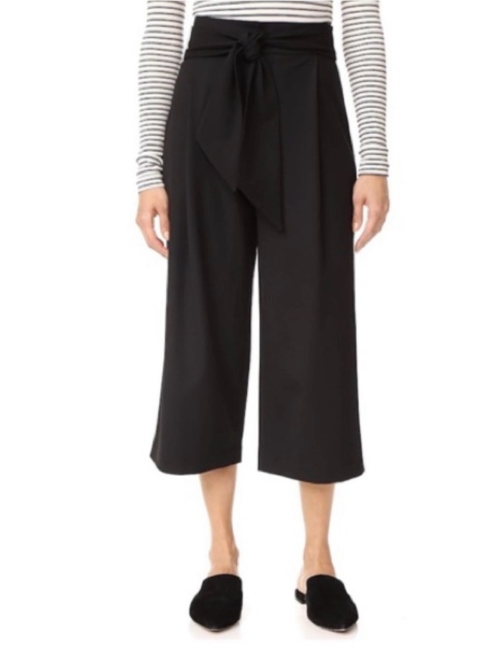 Club Monaco Black Wide-Leg Cropped Pants with Waist Tie